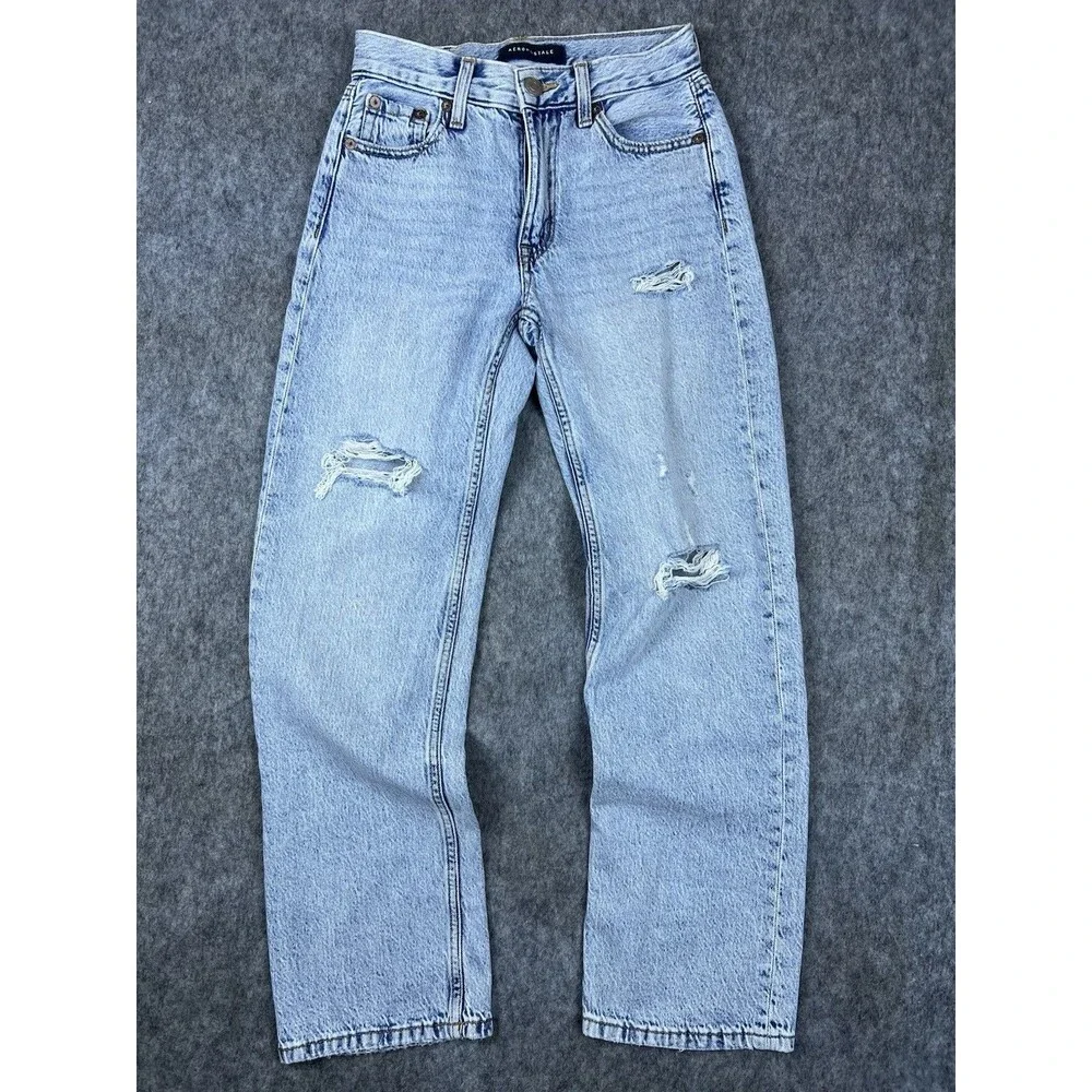 Aeropostale Women's High Rise Baggy Jeans Light Wash Denim Distressed Size 0 R